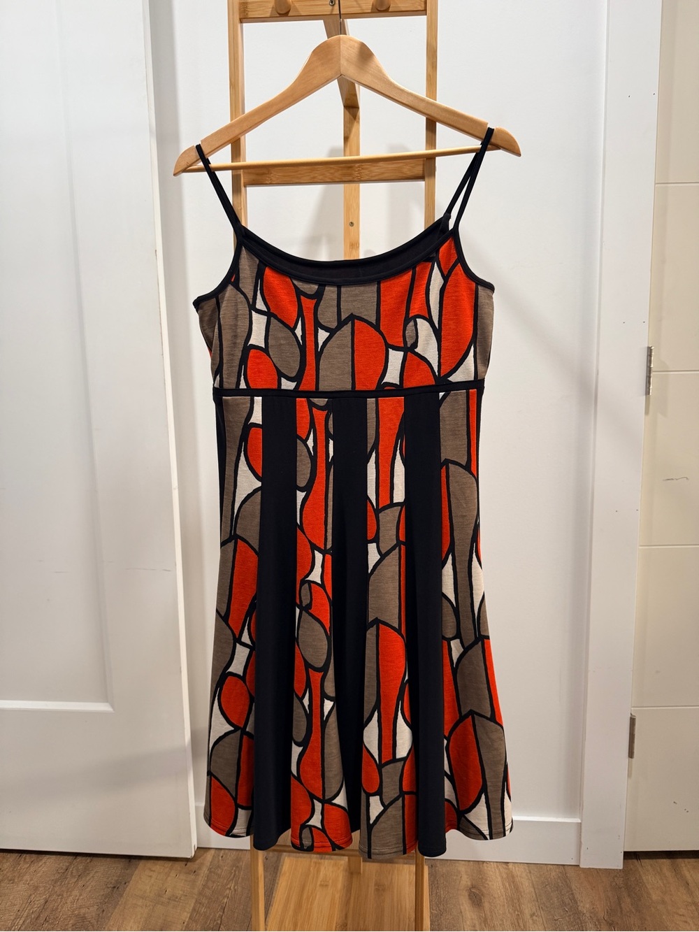 Joseph Ribkoff Orange, Black & Taupe Abstract Spaghetti-Strap Knit Dress